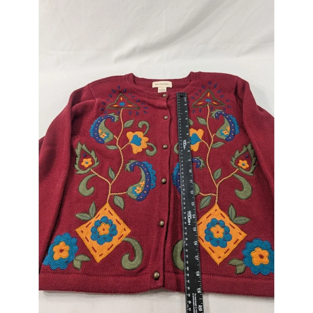 Bechamel Maroon Cotton Blend Cardigan Sweater Embroidered Shoulder Pads‎ Small